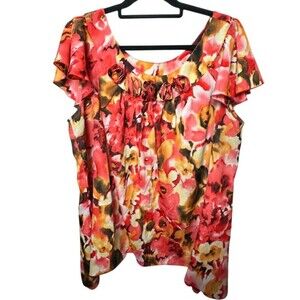2/$30 Serenade Colorful Floral Blouse Top Size 2X 3D Rosettes Office Boho Modest